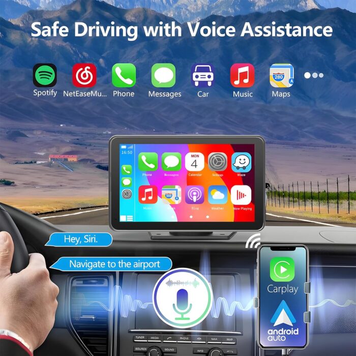 Portable Carplay Screen for Car, 7" Wireless Carplay & Android Auto with Bluetooth, HD Backup Camera, GPS Navigation, Siri, FM, AUX, Mirror Link for All Vehicles - Image 3