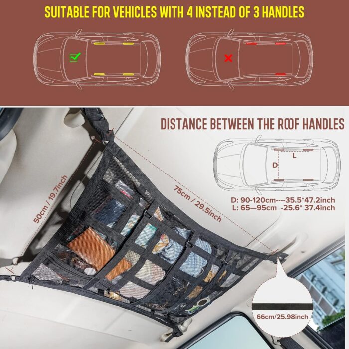 Car Ceiling Cargo Net Pocket Storage Net,29.5"x19.7" Adjustable D-Buckle to Reduce Sagging Roof Storage Organizer,Double-Layer Mesh SUV for SUVs,Road Trips,Car Camping Essentials - Image 4