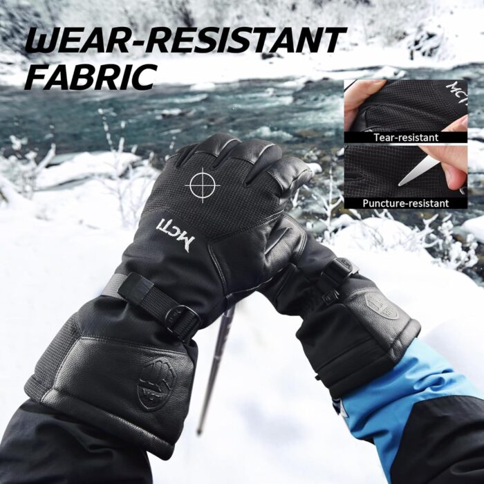 MCTi Leather Ski Gloves Men's Waterproof Touch Screen Long Gauntlet for Snowboarding Mountaineering - Image 5