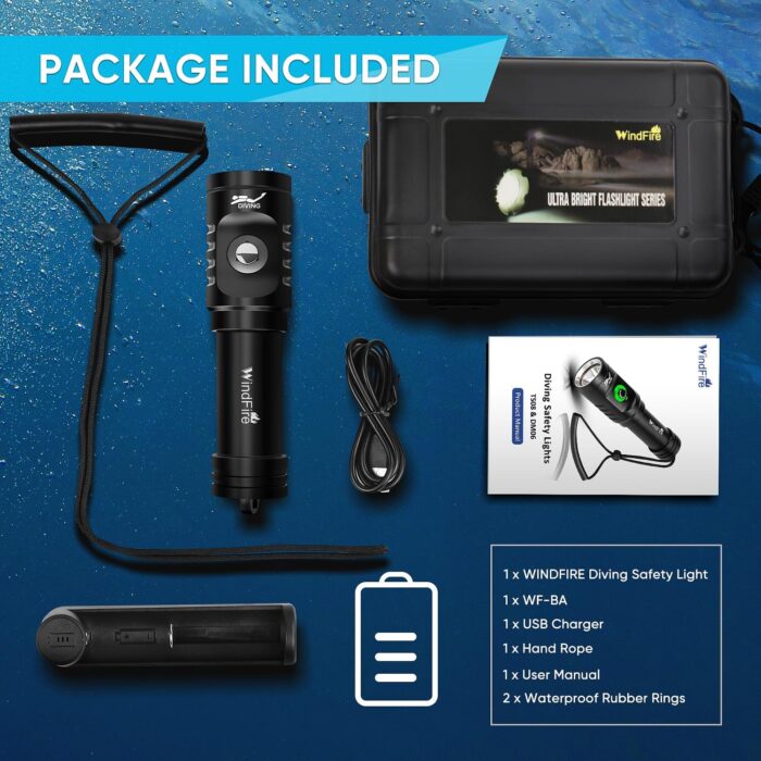 WINDFIRE Dive Light Scuba Diving Flashlight Dive Torch Rechargeable, 3 Modes Underwater Light Waterproof Flashlight, Safety Dive Lights with Power Indicator for Night Diving - Image 6