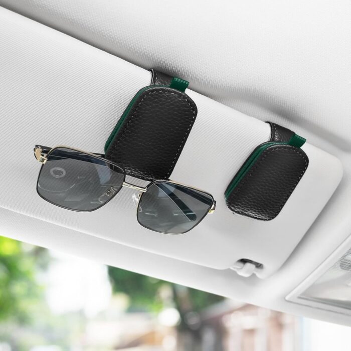 SINGARO Sunglasses Holder for Car, Leather Magnetic Buckle Sun Visor Sunglass Clip, Ticket Card Storage Glasses Clip, Car Interior Accessories for Men and Women（Black-Green） - Image 2