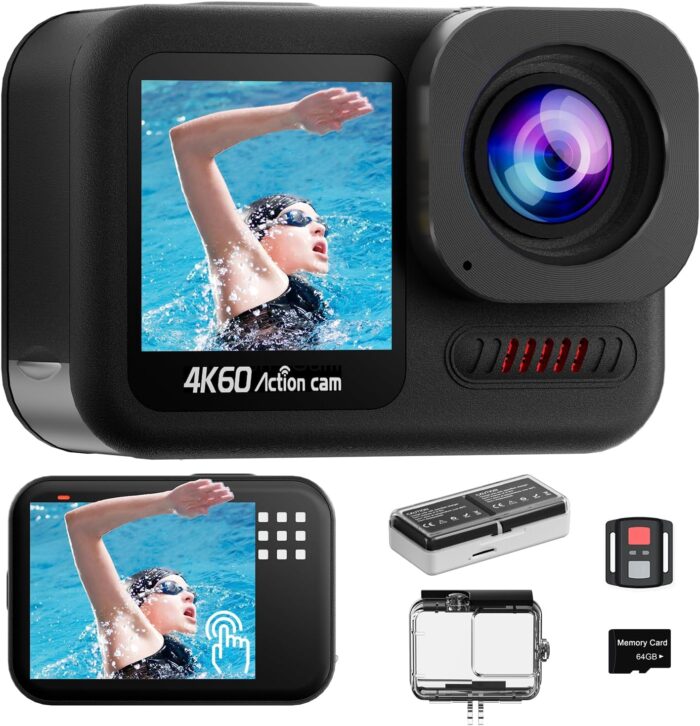 4K60FPS Waterproof Action Camera,48MP 15M Bare Underwater Camera with 64GB Card,8X Zoom Touch Screen SportsCamera,6-axis EIS Motorcycle Camera with Remote Control Distortion Correction