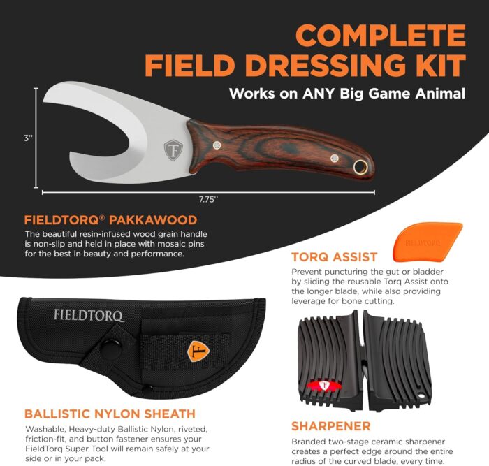 Field Dressing Kit | 4-in-1 Super Tool with Sheath & Sharpener | Skinning Knife for Hunting | Gut Hook | Deer Hunting Knife Set | Pakkawood - Image 3