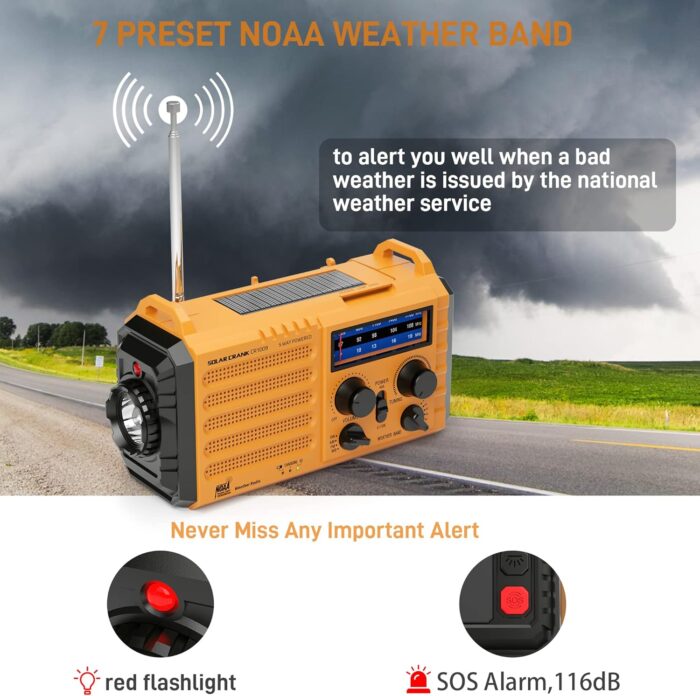 Emergency Radio with NOAA Weather Alert, Portable Solar Hand Crank AM/FM Radio for Survival,Rechargeable Battery Powered Radio,USB Charger,Flashlight,Reading Lamp,for Home Outdoor - Image 2