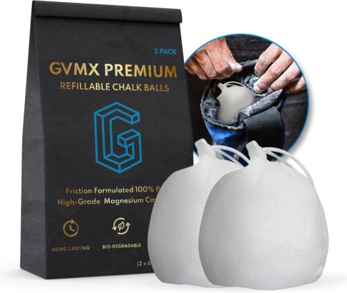 130g (2 x 65g) Premium Chalk Balls. Pro-Grade Gym Chalk in Refillable Sock. Eco Friendly Packaging. Grip Enhancing Gym Accessory for Weightlifting, Rock Climbing, Gymnastics & More. Package May Vary.