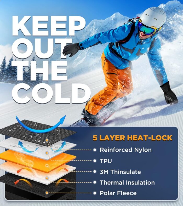 -10℉ Waterproof Winter Gloves Men, Touchscreen Fingers Snow Ski Gloves Women, 5-Layer Touch Screen Cold Weather Gloves - Image 2