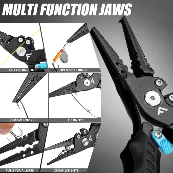 FLISSA 7-1/2 Inch Fishing Pliers, Safety Lock Design Fish Pliers Saltwater with TPR Handle, Stainless Steel hook remover with Braid Cutters, Sheath and Lanyard, Fishing Tool Gifts for Men - Image 4