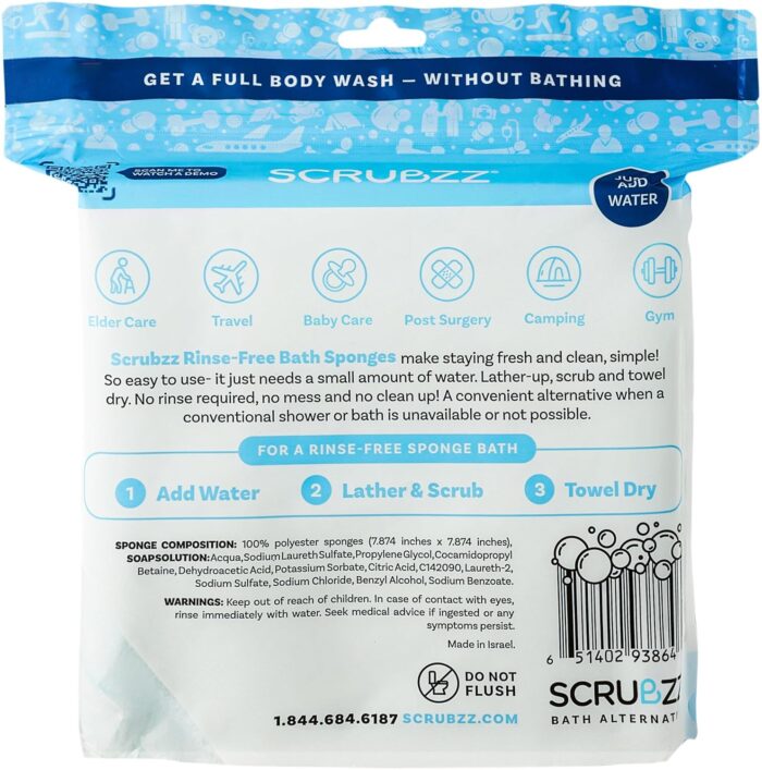 Scrubzz Disposable No Rinse Bathing Wipes - All-in-1 Single Use Shower Wipes, Simply Dampen, Lather, and Dry Without Shampoo or Rinsing (Unscented, 2-Pack) - Image 7