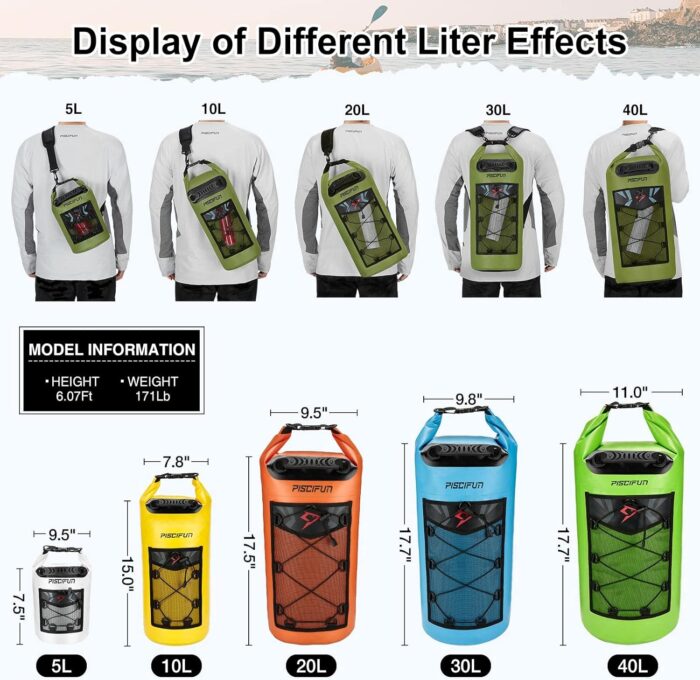 Piscifun Dry Bag, Waterproof Floating Backpack 5L/10L/20L/30L/40L with Waterproof Phone Case for Boating, Kayaking, Fishing - Image 3