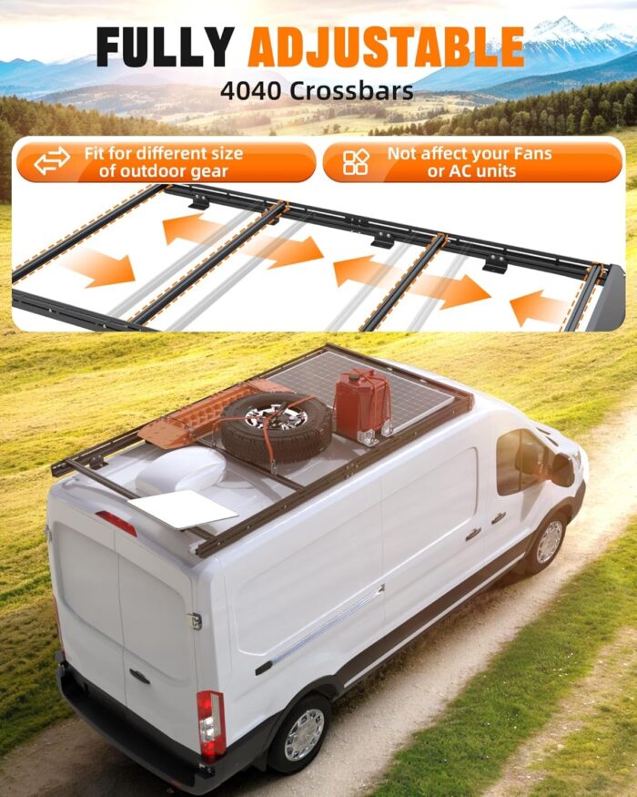 MELIPRON Camper Van Roof Rack Fit for Ford Transit 148" WB Low/Medium/High Roof, Low Profile Roof Rack with 4040 Crossbars, Van Life Essentials - Image 2