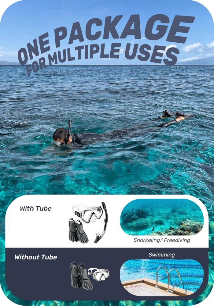 CAPAS Snorkel Mask Fins Set, Travel Size Snorkeling Gear for Adults with Adjustable Fins, Diving Mask and Dry Top Snorkel, Come with a Carrying Bag - Image 7