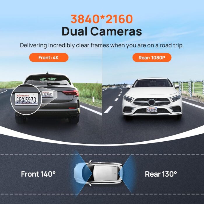 70mai 4K Dash Cam Front and Rear with STARVIS, Built in 5GHz WiFi & GPS Car Camera, Super Night Vision, ADAS, 3'' IPS Screen, 24H Parking Mode, Time-Lapse, Loop Recording, with 128GB Card - Image 3