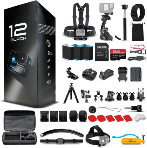 Go Pro HERO12 (Hero 12) Black - with 50 Piece Accessory Kit and 2 Extra Batteries + 64GB Card - Waterproof Action Camera - 5.3K HDR, 27MP Photos, 1/1.9" Sensor, Live Streaming, Webcam, Stabilization