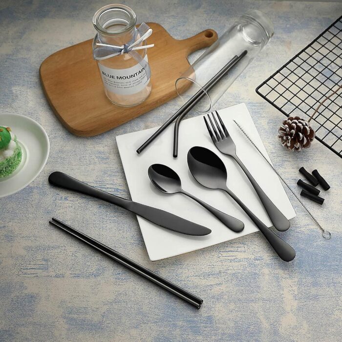 VANDBAO Portable Travel Utensils, Reusable Silverware with Case for Fixing Tableware, 9 Pieces Stainless Steel Stable Flatware Set, Camping Picnic Cutlery Set (Black Set) - Image 9