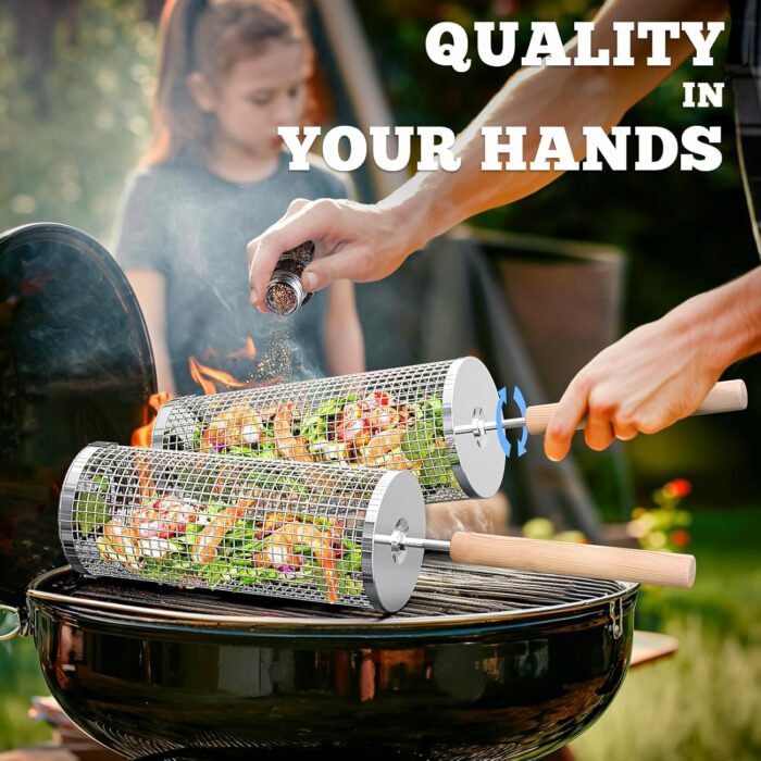 Rolling Grill Basket(2PCS), Removable Wooden Handle, 304 Stainless Steel, Nesting Grilling Net, BBQ Accessories Tool for Vegetable Shrimp, Outdoor Cooking Camping, Birthday Gifts for Men Dad Husband - Image 3