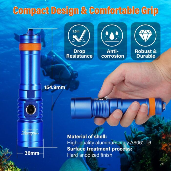 ORCATORCH D710 Scuba Diving Light, 3000 Lumens Super Bright Underwater Flashlight with 6 Degrees Narrow Beam, IP68 Waterproof Night Dive Torch 150 Meters Submersible Light (Blue) - Image 5