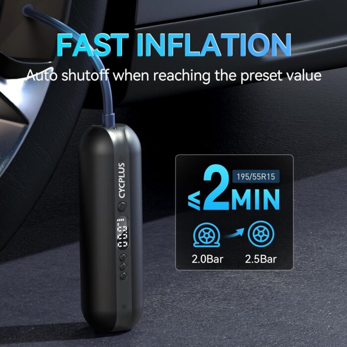 CYCPLUS Electric Air Compressor Portable Bicycle Pump Car Tire Inflator, Max 150 PSI, Auto Shut-Off Air Pump with Presta and Schrader Valves for All Bicycles Motorcycles and Cars - Image 2
