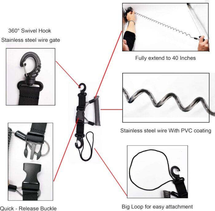 YYST One Stainless Steel Scuba Diving Lanyard Stainless Steel Spring Coiled Lanyard with Quick Release Buckle for Cameras and Dive Lights - Image 2