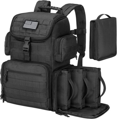 CVLIFE Tactical Range Backpack with Removable Divider, Gun Cases Bag with 4 Pistol Carrying Cases for Handgun and Ammo, Large Military Molle Assault Pack Rucksack for Shooting Hunting, Black