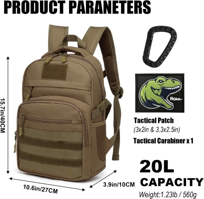 Kids Tactical Backpack Army Molle Bookbag Military Boys Backpack for School, Outdoor, Camping (Includes 2 Patches +1 Carabiner), Brown - Image 2