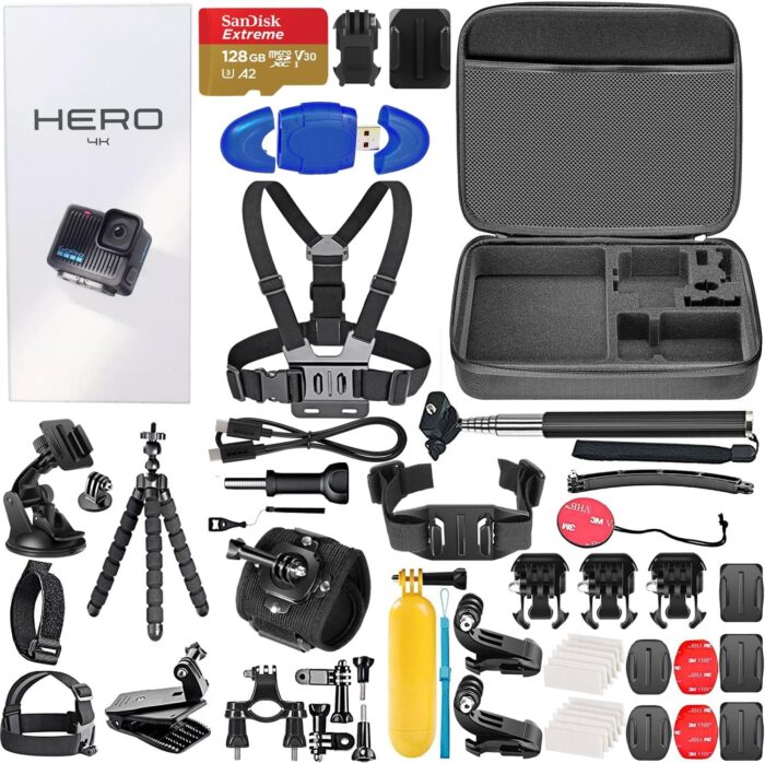 GoPro Hero Compact Waterproof Action Camera with 4K, 12MP Photos, Stabilization + 128GB Card, Card Reader, 50 Piece Accessory Kit - Bundle