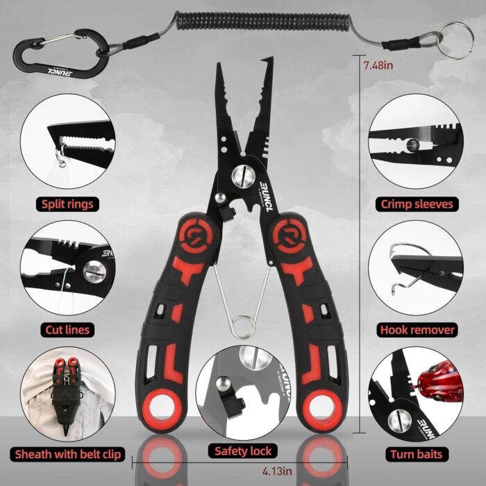 RUNCL 4pc Fishing Tool Kit- Fishing Pliers, Fish Fillet Knife with Sharpener, Fish Lip Gripper, Fishing Braid Scissors, Saltwater Fishing Gear and Equipment with Sheath/Lanyard, Fishing Gifts for Men - Image 2