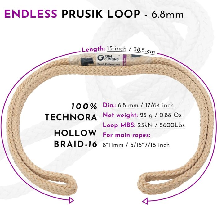 GM CLIMBING 6.8mm Endless Prusik Loop 15-inch 100% Technora 25kN Heat Resistant for Rappelling, Mountaineering, Rescue - Image 2