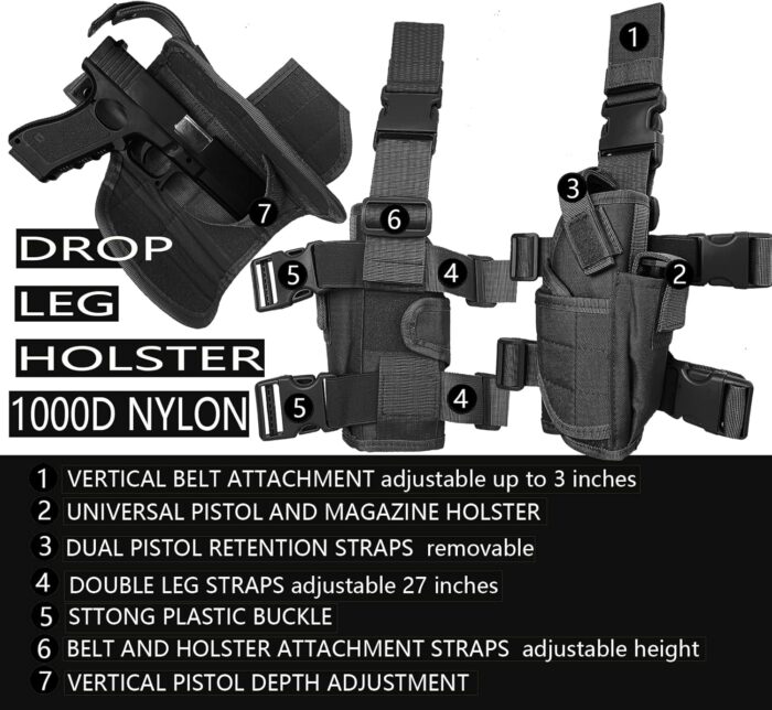 Molle Tactical Pistol Thigh Gun Holster, Drop Leg Holster, Right Hand Adjustable - Image 2
