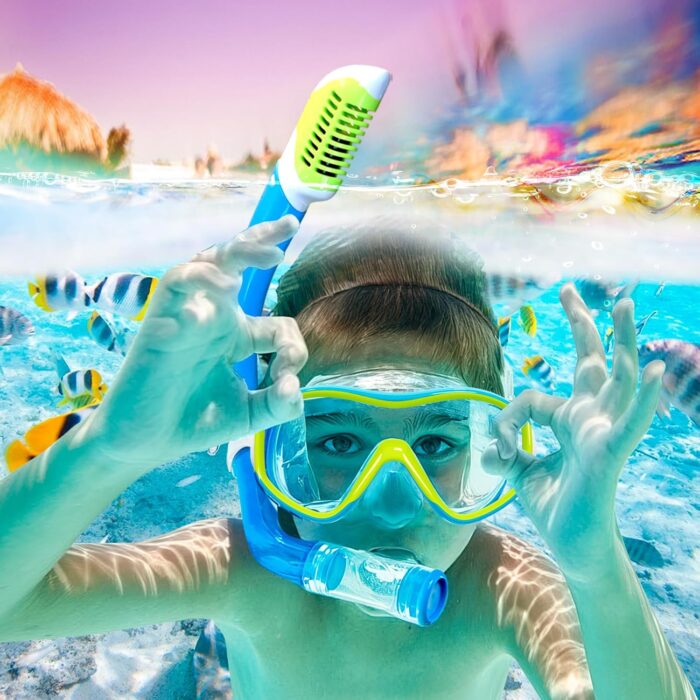 Kids Mask Fins Snorkel Set for Age 5-15,Dry Top Snorkeling Gear for Kids Boys Girls Junior & Youth, Tempered Glass Snorkel Mask with Fins for Swimming Snorkeling - Image 6