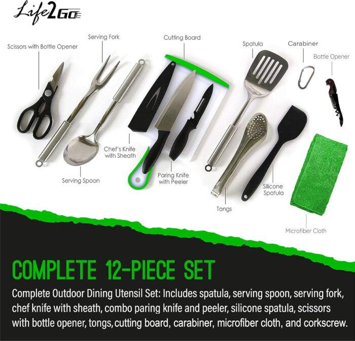 12 Pcs Camp Cooking Utensil Set & Outdoor Kitchen Gear Cookware Kit, Portable Compact Carry Case for Camping, Hiking, Travel, BBQ Grilling Stainless Steel Accessories Spoon & Fork, Navy - Image 2