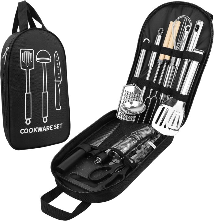 Camping Cooking Utensils Set, Stainless Steel Grill Tools, Camping BBQ Cookware Gear and Equipment for Travel Tenting RV Van Picnic Portable Kitchen Essentials Accessories - Image 7