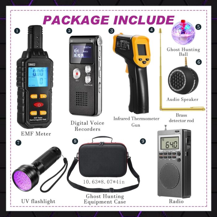 Dunzy 9 Pcs Ghost Hunting Equipment Kit with Emf Meter, Ghost Hunting Research Box, Voice Recorders, Flashlight, Speaker, Motion Light up Cat Balls and Radio - Image 2
