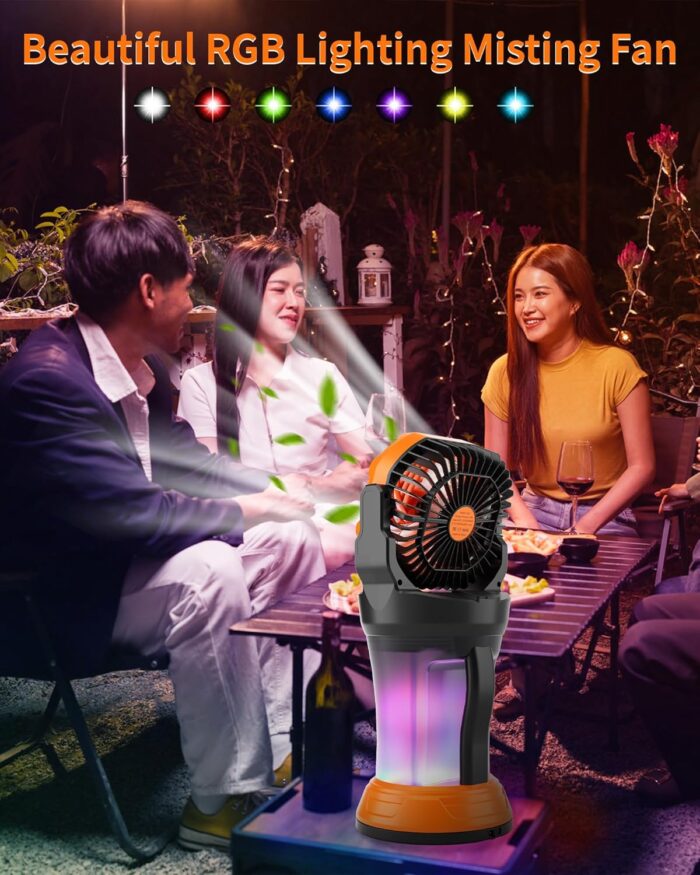 Portable Misting Fan with Large Battery Fan-Rechargeable Outdoor Misting Cooling Fans with 2L Water Tank,RGB Lights,4 Speeds & Spray Modes-for Patio, Camping, Beach, Workshop (X65 Orange) - Image 7