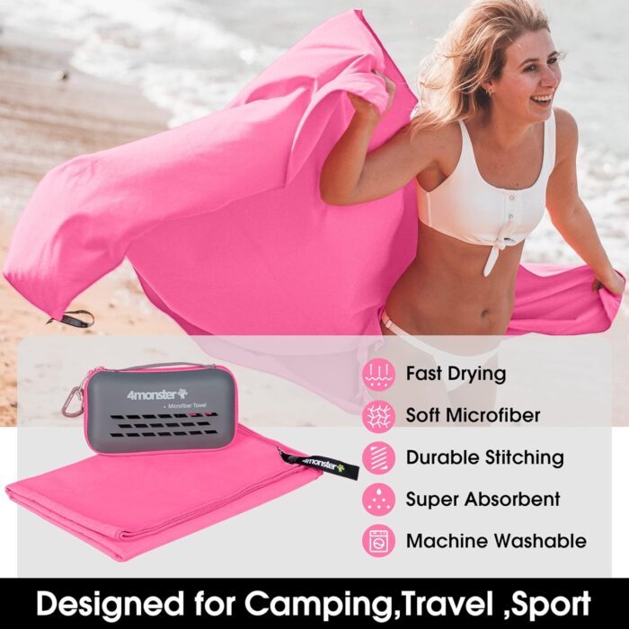 4Monster Camping Towels Super Absorbent, Fast Drying Microfiber Travel Towel, Quick Dry Ultra Soft Compact Gym Towel for Swimming Beach Hiking Yoga Travel Sports Backpack (20.00" x 12.00", Rose) - Image 2