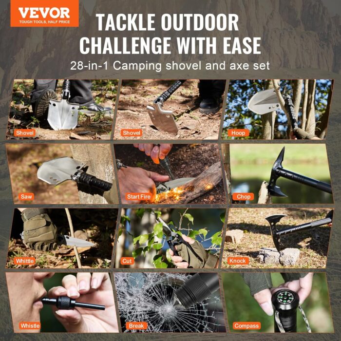 VEVOR Survival Shovel Survival Axe, 28-in-1 Camping Folding Shovels with Hatchet, Stainless Steel Tactical Shovel Hatchet Combo, Multifunctional Emergency Survival Gear Equipment for Camping Hiking - Image 2