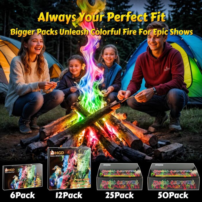 HGD (6 Pack) Magic Campfire Fire Color Changing Packets for Fire Pit, Indoor/Outdoor Fireplace, Bonfire - Rainbow Magical Flame, Camping Accessory, Compatible with Wood - Image 8
