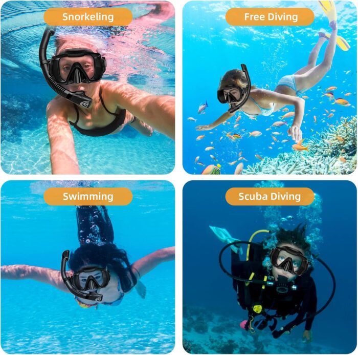 Snorkel Set Adults Snorkeling Gear Anti-Leak and Anti-Fog Tempered Glass Lens Panoramic View Swim Mask Dry Top Snorkel Kit for Snorkeling Scuba Diving Swimming Travel with Carry Bag - Image 7