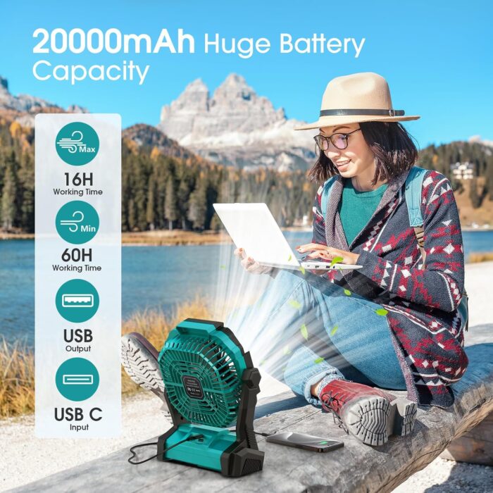 Portable Fan Rechargeable, 20000mAh Cordless Battery Powered Fan with LED Lantern, USB C Battery Operated for Travel Bedroom Home Camping Tent Office Beach Desk Fishing Table - Image 2