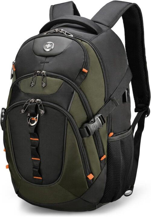 Swissdigital Design Business Laptop Backpack with Smart USB Charging Port, Travel Backpack Fits 15.6 inches Laptops, Water Repellent College Backpack for Men Women, Olive/Black | SD803-26
