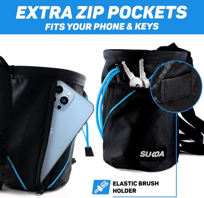 Chalk Bag for Rock Climbing - Rock Climbing Gifts Gear Accessories - Quick-Clip Belt, Large Zippered Pockets & Brush Holder - Weight Lifting, Gym, Bouldering, Disc Golf, Wall, Rock Climbing Chalk Bag - Image 5