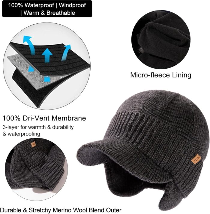TOP-EX L/XL/XXL Unisex 80% Merino Wool Waterproof Brim Beanie Hats with Ear Flaps Fleece Lined for All Weather - Image 4