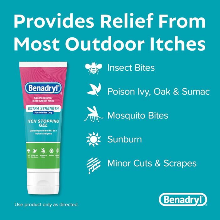 Benadryl Extra Strength Anti Itch Relief Gel, 2% Diphenhydramine HCl, Relief from Insect Bites, Sunburn & More, Great for Camping Essentials, 3.5 fl oz - Image 3