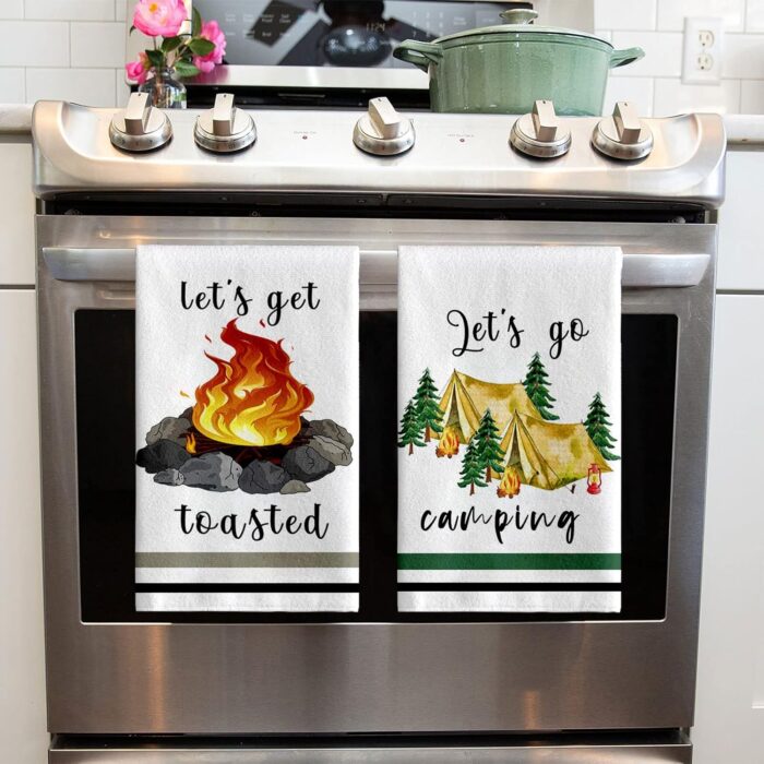 Camping Kitchen Towels Set of 4 Dish Towels Kitchen Hand Towels Kit Printed with Funny Sayings Novelty Gifts for Campers Happy Camper Camping Tent Pine Tree Farmhouse RV Decor Sign Home Decorations - Image 5