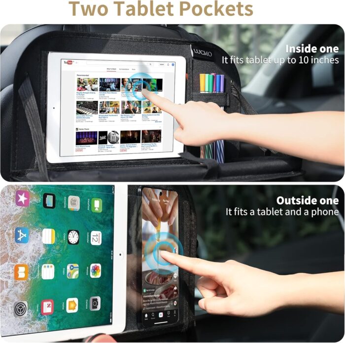 LUCMO Car Backseat Organizer with Touch Screen Tablet Holder,9 Storage Pockets Storage Organizer,Protectors Kick Mats Travel Accessories (Black, 2 Pack with Food Tray) - Image 5