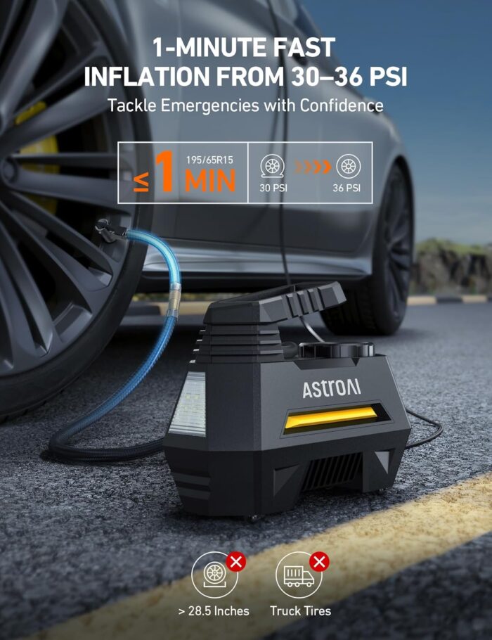 AstroAI Tire Inflator Portable Air Compressor Tire Air Pump for Car Tires - Car Accessories, 12V DC Auto Pump with Digital Pressure Gauge, Emergency LED Light for Bicycle, Balloons, Yellow - Image 2