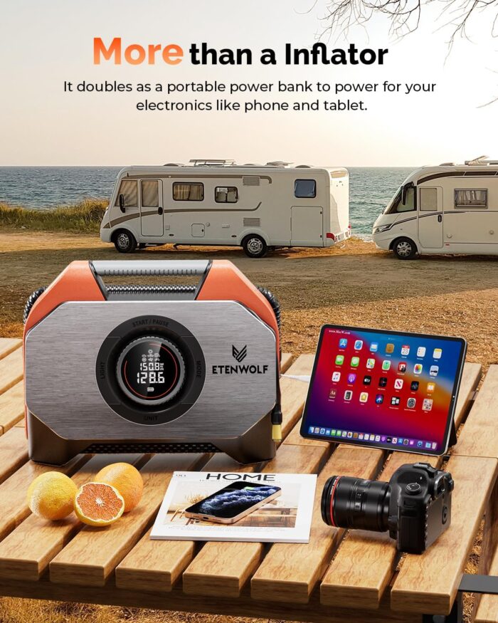 ETENWOLF VORTEX S6 Tire Inflator Portable Air Compressor for Heavy-duty Vehicle, Cordless Air Pump for Car & Inflatables with 19200 mAh Battery, 100% Duty Cycle & Dual Cylinder Bike Pump, Vivid Orange - Image 6