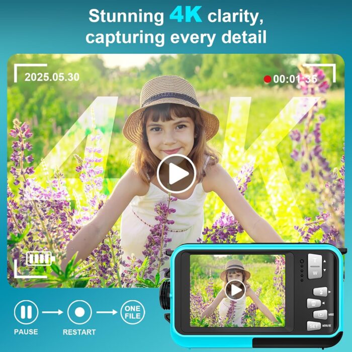 4K Underwater Camera 56MP Autofocus 11FT Waterproof Camera Dual-Screen Selfie 16X Underwater Camera for Snorkeling Waterproof Compact Floatable Digital Camera with 32GB Card - Image 2