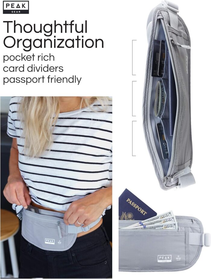 Peak Gear Travel Money Belt. Premium Quality Travel Wallet with RFID Blocking Fabric to Protect Credit Cards, Passports and Documents. Exclusive Theft Protection and 2 Recovery Tags | Gray - Image 3