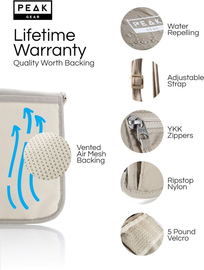 Peak Gear RFID Neck Wallet - The Original Travel Pouch with Adjustable Crossbody Strap + Theft Protection and Lost & Found Service | Beige - Image 5