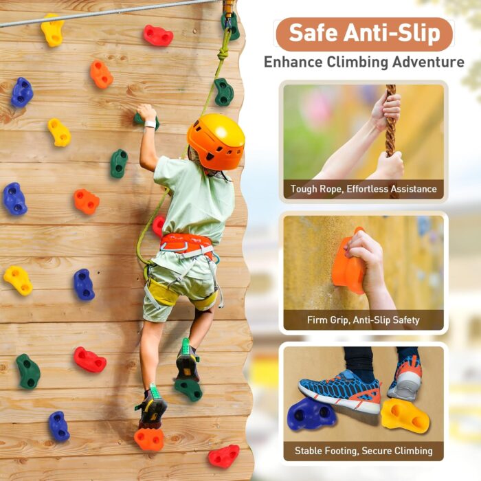 FRUITEAM 25 Rock Climbing Wall Holds for Kids Adults,Indoor and Outdoor Playground Rock Wall Climbing Kit,Knotted Climbing Rope,Colourful Climbing Rock Wall Grips for Kids - Image 6